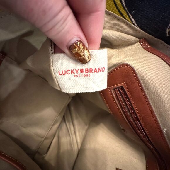 Lucky Brand Key West Dark Denim Blue Tote Bag Banana Print Tassels Purse Handbag - Picture 7 of 12